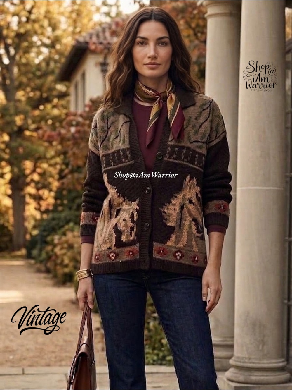 Vintage Equestrian Horse Intarsia Chocolate Tan Wool Collared Cardigan Sweater